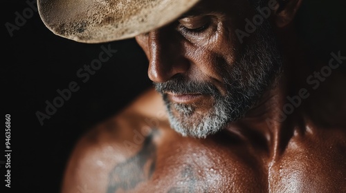 An image zooming in on a sweaty, muscular man wearing a cowboy hat, focusing on the ruggedness and intensity of the individual, representing a strong persona.