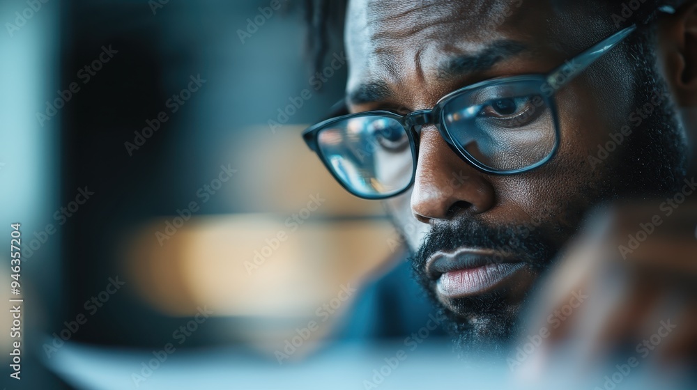 A man with glasses is deeply engrossed in examining a paper. His expression conveys a sense of concentration and determination, surrounded by a blurred and focused background. A man with glasses is deeply engrossed in examining a paper. His expression conveys a sense of concentration and determination, surrounded by a blurred and focused background.