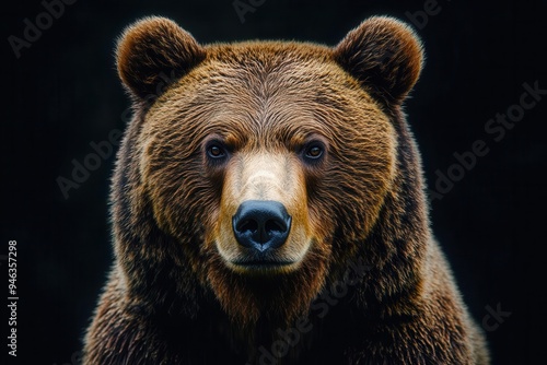 intense closeup of bear in business suit against dark background conveying power and humananimal duality in conceptual portrait photo