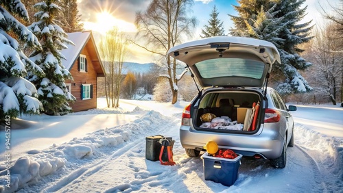 Snow-covered car with open hood and raised trunk, surrounded by scattered tools and winter gear, on a frozen driveway amidst a snowy winter landscape. photo