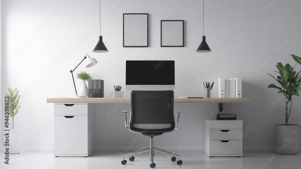 Minimalist Home Office Workspace with Desk, Chair, and Plants Minimalist Home Office Workspace with Desk, Chair, and Plants