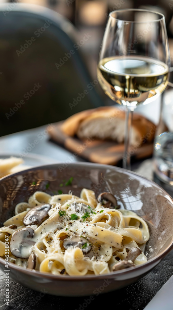 Upscale dining: Fettuccine in truffle cream sauce with mixed mushrooms Upscale dining: Fettuccine in truffle cream sauce with mixed mushrooms