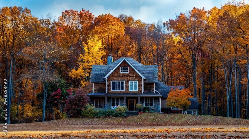 An inviting house set against a backdrop of towering trees with vivid autumn colors, the entire scene cast in the soft light of an autumn afternoon. An inviting house set against a backdrop of towering trees with vivid autumn colors, the entire scene cast in the soft light of an autumn afternoon.