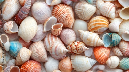 This image displays a colorful assortment of different seashells captured in a detailed and close-up manner, showcasing their unique patterns and textures.