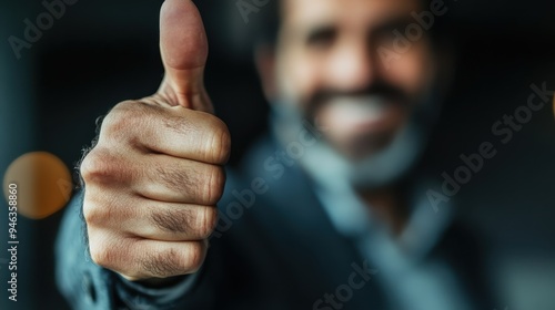 A close-up shot shows a person's thumbs-up gesture, indicating approval or positivity. The background is a blurred urban setting, highlighting the gesture as the focal point.