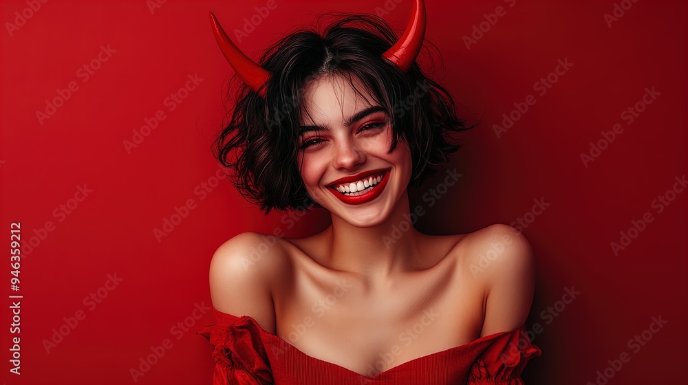 Vibrant Poster of a Playful Demoness: Short Dark Hair & Red Horns, Perfect for Sporty Interiors - Add a Touch of Mischief with Bold Style! Vibrant Poster of a Playful Demoness: Short Dark Hair & Red Horns, Perfect for Sporty Interiors - Add a Touch of Mischief with Bold Style!