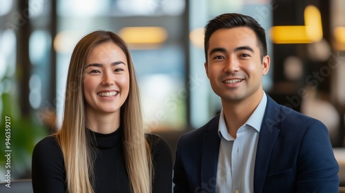 Young Caucasian woman and young Asian man in a casual business setting in an office