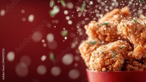 An appetizing image showcasing golden crispy fried chicken pieces, garnished with a sprinkle of fresh green herbs and a vibrant red background, capturing food irresistibility. photo