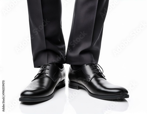 Man's feet in black trousers and black shoes isolated on white background