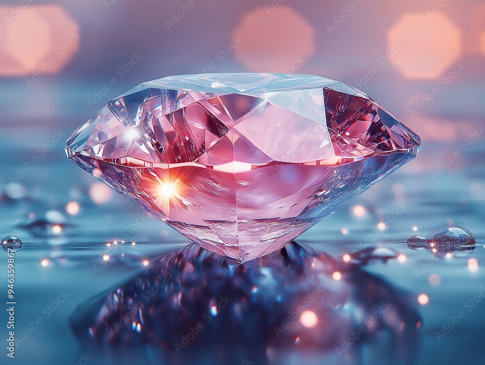 Large pink diamond gemstone placed on a reflective surface with glowing bokeh background Large pink diamond gemstone placed on a reflective surface with glowing bokeh background