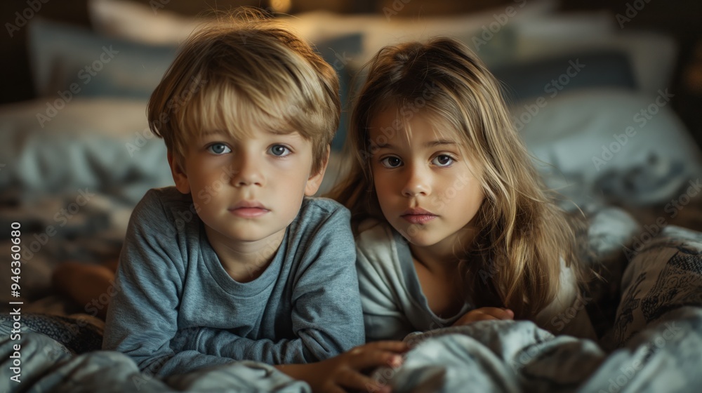 Portrait of sad siblings sitting on bed at home Portrait of sad siblings sitting on bed at home