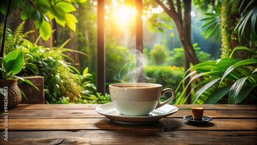 steaming coffee cup and saucer sit on rustic wooden table amidst lush greenery, warm sunlight streaming through large cafe windows. photo