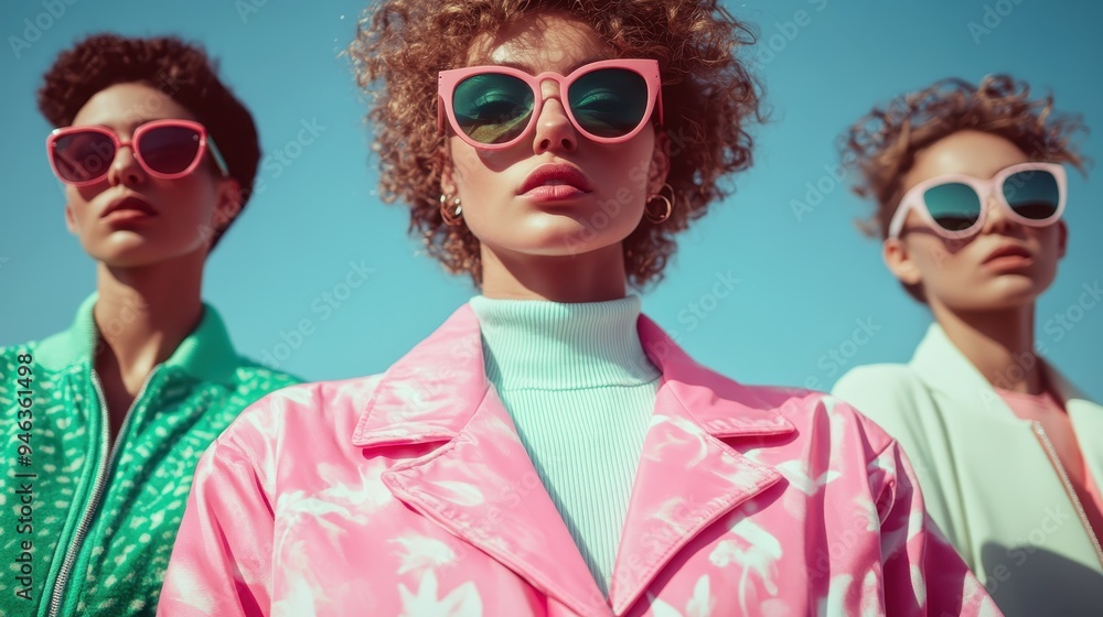 Three women in bright, patterned jackets and stylish pink sunglasses posed confidently against a clear sky, symbolizing bold fashion and contemporary trends. Three women in bright, patterned jackets and stylish pink sunglasses posed confidently against a clear sky, symbolizing bold fashion and contemporary trends.