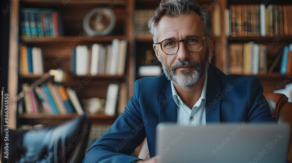 Confident Business Leader Conducts Virtual Meeting From Sleek Home Office With Bookshelf and Awards Confident Business Leader Conducts Virtual Meeting From Sleek Home Office With Bookshelf and Awards