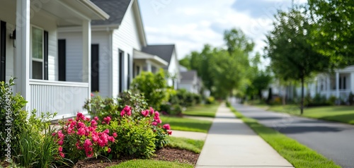 Scenic neighborhood with blooming flowers and a clear sidewalk inviting peaceful strolls and serene living. suburban development concept.