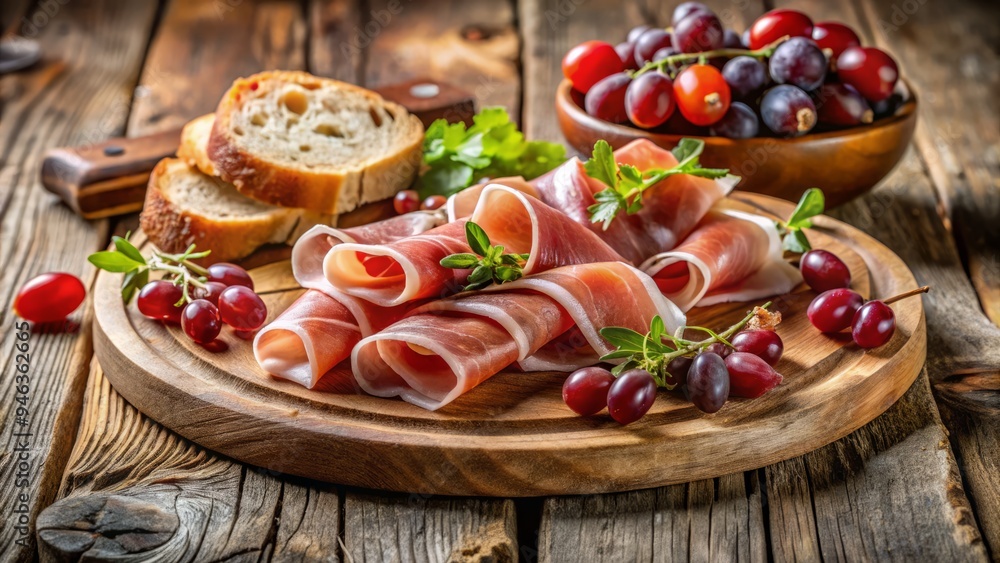 Thinly sliced cured prosciutto and crudo ham arranged artfully on a rustic wooden cutting board, surrounded by fresh grapes and crusty bread. Thinly sliced cured prosciutto and crudo ham arranged artfully on a rustic wooden cutting board, surrounded by fresh grapes and crusty bread.