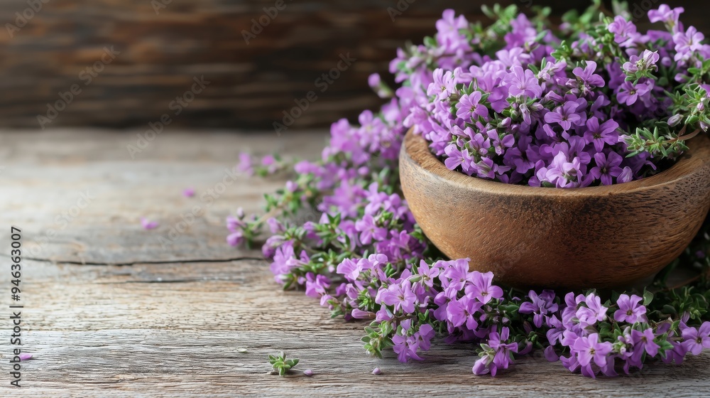 A bunch of thyme flowers in a wooden bowl A bunch of thyme flowers in a wooden bowl