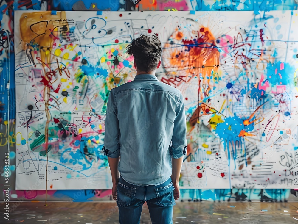 Naklejka premium Visionary Entrepreneur Sketching Ideas in Vibrant Creative Workspace