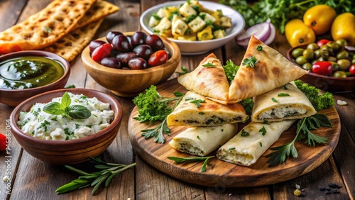 Traditional Greek cuisine spread featuring juicy gyros, crispy feta-stuffed spanakopita, olives, feta cheese, and warm pita bread, adorned with fresh herbs and a drizzle of olive oil.