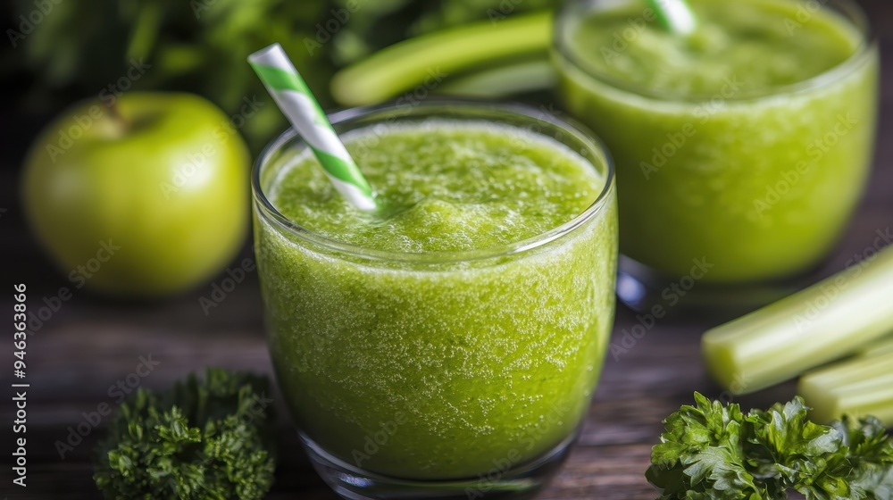 Two glasses filled with green juice, each with a straw, on a wooden surface surrounded by fresh green vegetables, highlighting a nutritious drink option that's both delicious and aesthetic. Two glasses filled with green juice, each with a straw, on a wooden surface surrounded by fresh green vegetables, highlighting a nutritious drink option that's both delicious and aesthetic.