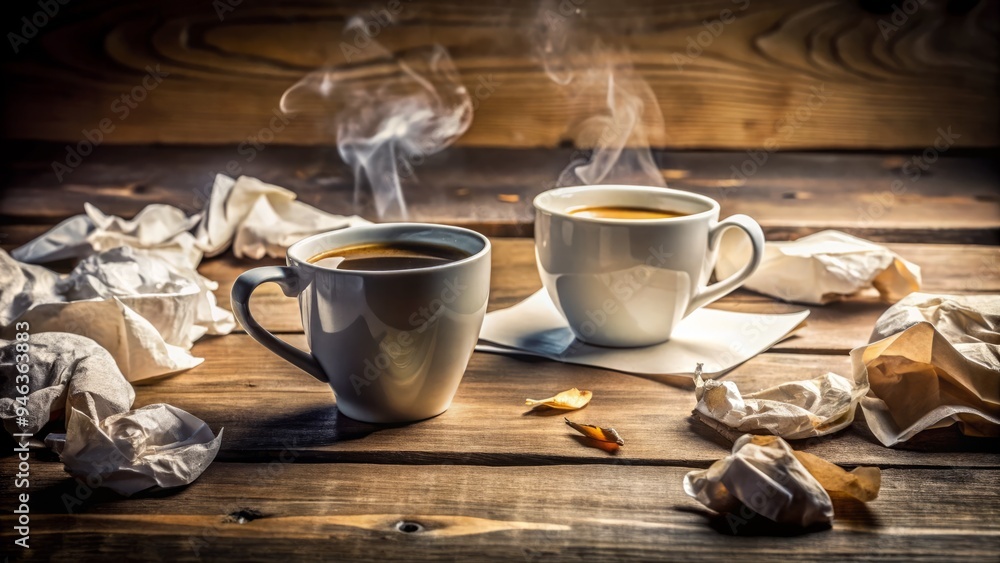 Two steaming coffee cups sit adjacent on a rustic wooden table, surrounded by a scattered mess of crumpled papers and scribbled notes. Two steaming coffee cups sit adjacent on a rustic wooden table, surrounded by a scattered mess of crumpled papers and scribbled notes.