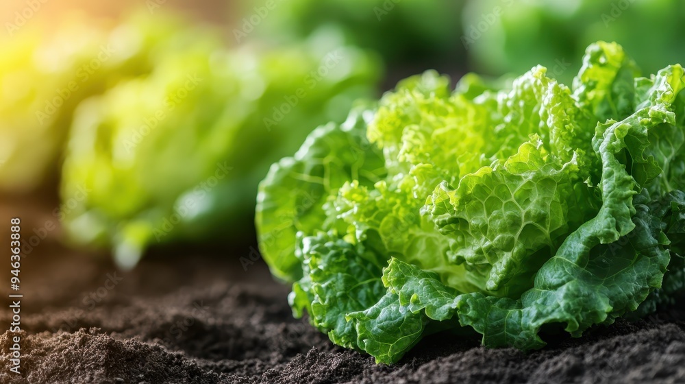 An image showcasing fresh green lettuces growing in dark soil, representing healthy eating and organic farming, in a garden setting bathed in natural sunlight on a warm day. An image showcasing fresh green lettuces growing in dark soil, representing healthy eating and organic farming, in a garden setting bathed in natural sunlight on a warm day.