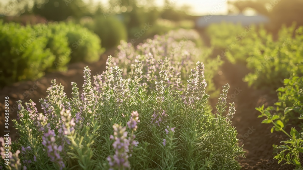 A wide view of a farm of thyme herbs shining under the sun A wide view of a farm of thyme herbs shining under the sun