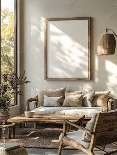 Mockup of a wooden farmhouse style frame in a neutral toned living room interior with natural lighting from windows rustic wooden furniture and colorful accents