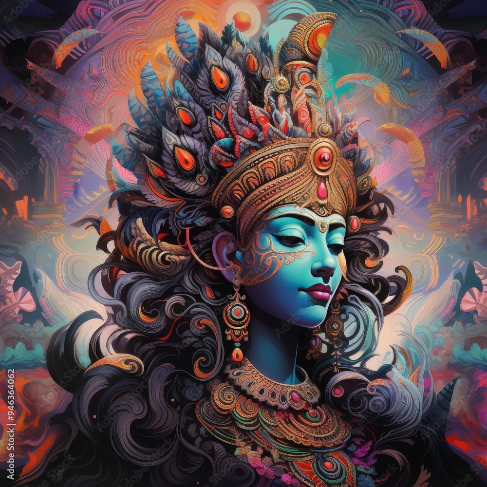 A vibrant, stylized depiction of a goddess with intricate details and vivid colors. A vibrant, stylized depiction of a goddess with intricate details and vivid colors.