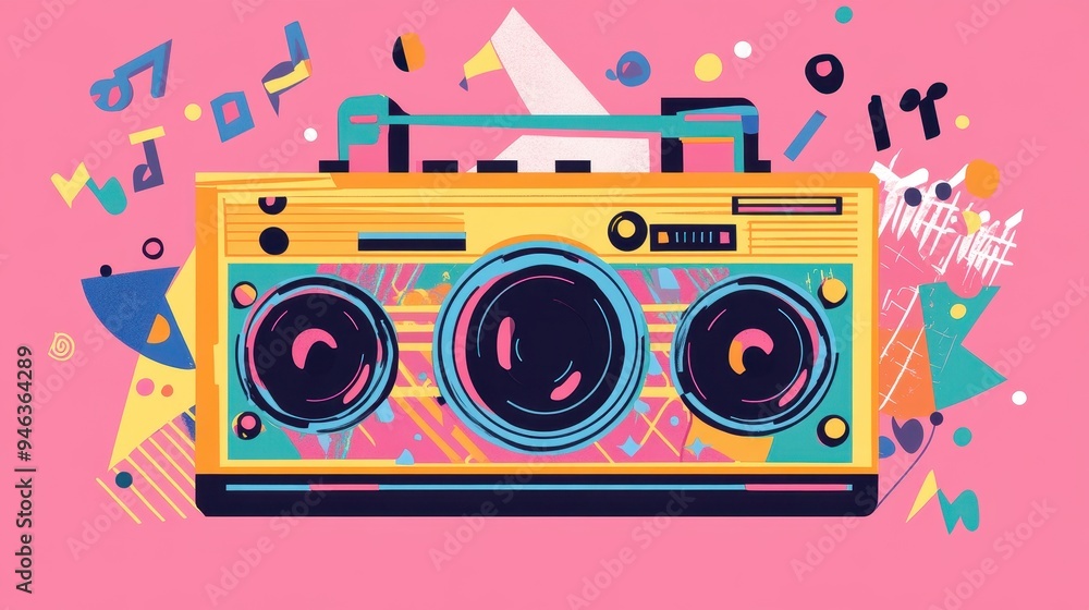 Fototapeta premium A colorful boombox sits in the center, surrounded by neon musical notes and geometric patterns, evoking a lively, retro vibe