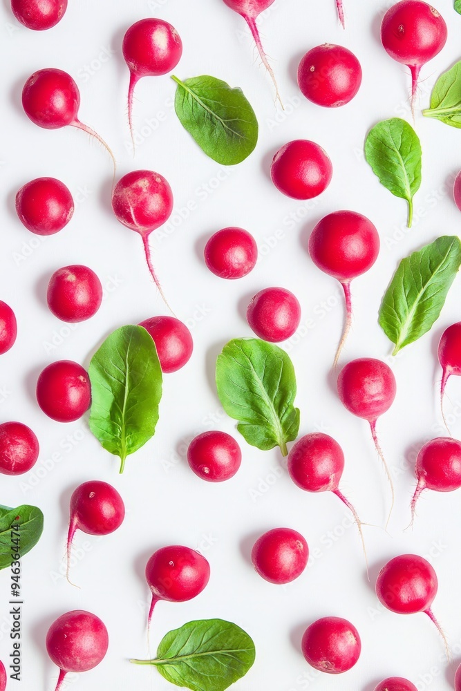 A pattern of radishes with a green leaf A pattern of radishes with a green leaf