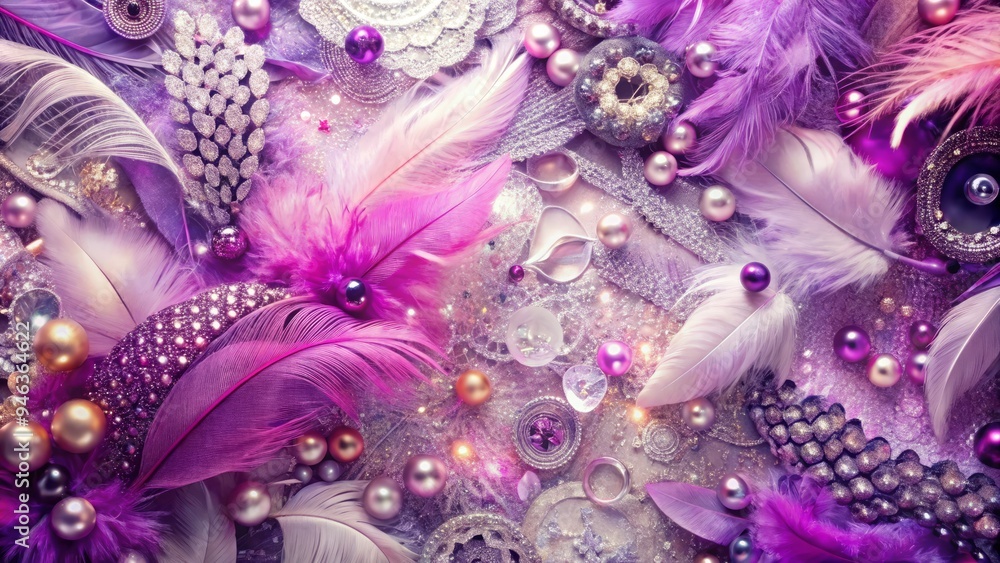 Vibrant, abstract background featuring a collage of fashion elements, including lace, feathers, and sequins, in shades of pink, purple, and silver, creating a luxurious atmosphere. Vibrant, abstract background featuring a collage of fashion elements, including lace, feathers, and sequins, in shades of pink, purple, and silver, creating a luxurious atmosphere.