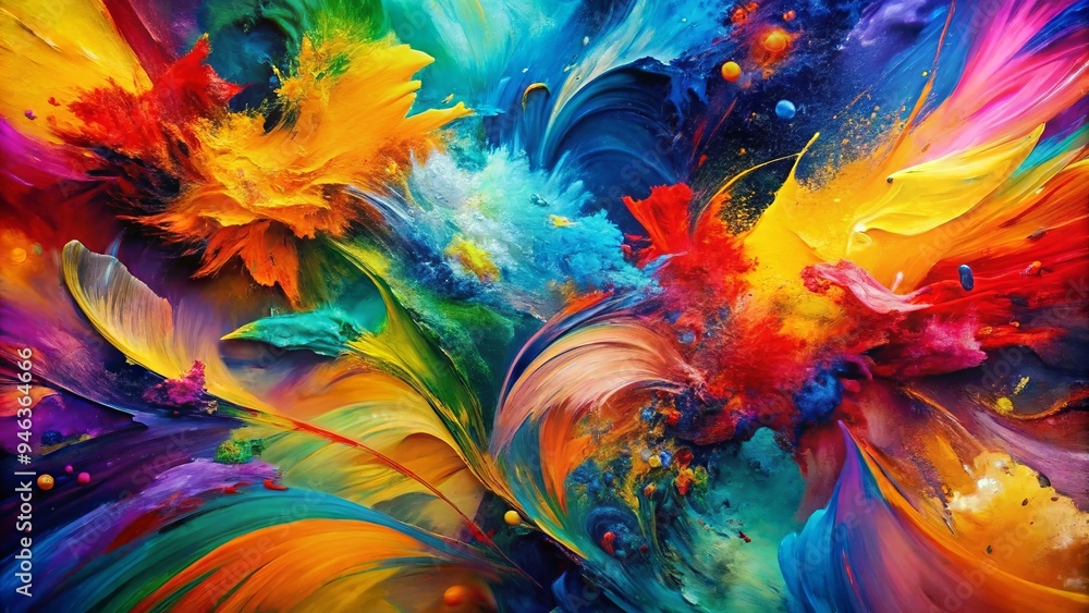 Vibrant abstract artwork featuring expressive brush strokes, rich texture, and bold colors, evoking emotions and adding dynamic visual interest to any design or project.