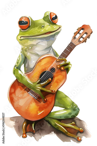 cute frog play guitar illustration watercolor style