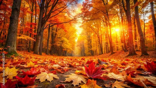 Vibrant autumn foliage of orange, red, and yellow leaves blankets a serene forest floor, creating a peaceful and rustic Thanksgiving background amidst nature's splendor. photo