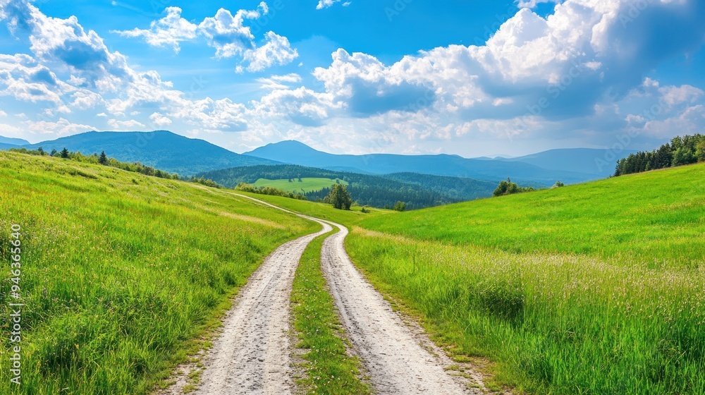 View of a straight quiet road with green grass bright atmosphere background wallpaper AI generated image View of a straight quiet road with green grass bright atmosphere background wallpaper AI generated image