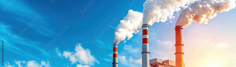 Industrial Smokestacks: A stark image of environmental pollution, with towering smokestacks emitting plumes of smoke against a vibrant blue sky, prompting reflection on the impact of industrial Industrial Smokestacks: A stark image of environmental pollution, with towering smokestacks emitting plumes of smoke against a vibrant blue sky, prompting reflection on the impact of industrial