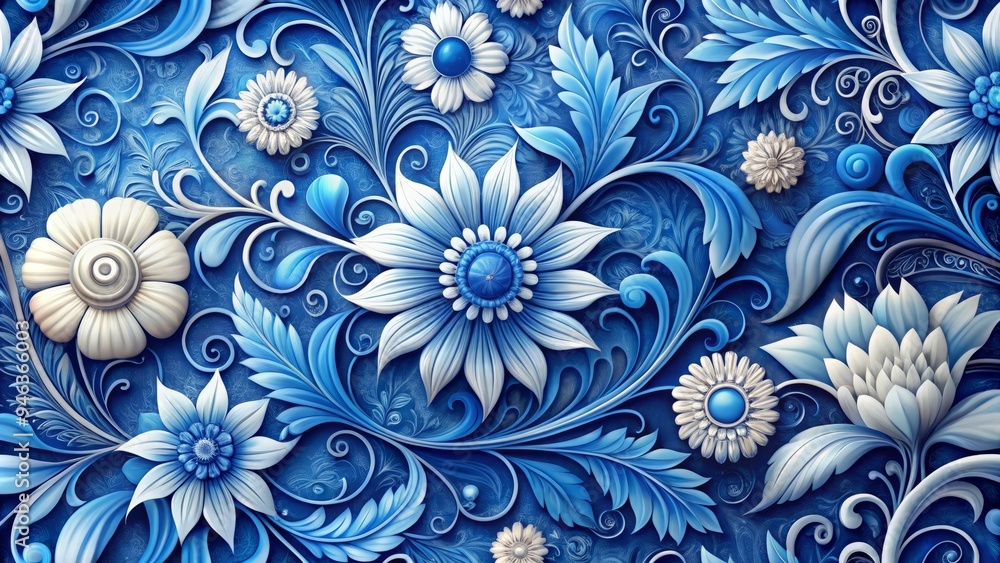 Vibrant blue and white floral pattern adorned with intricate swirls and delicate petals, creating a mesmerizing and elegant design perfect for backgrounds and textures. Vibrant blue and white floral pattern adorned with intricate swirls and delicate petals, creating a mesmerizing and elegant design perfect for backgrounds and textures.