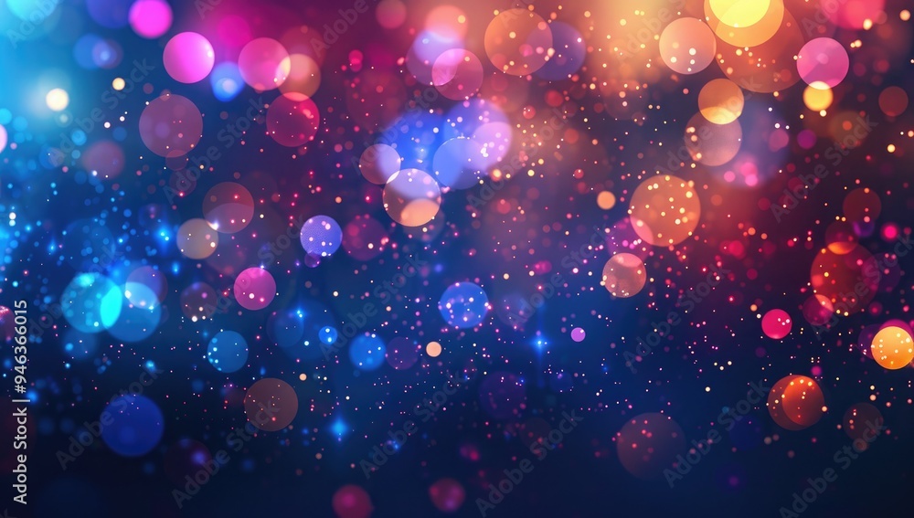 abstract background with multicolored glowing particles and bokeh lights on a dark blue background abstract background with multicolored glowing particles and bokeh lights on a dark blue background