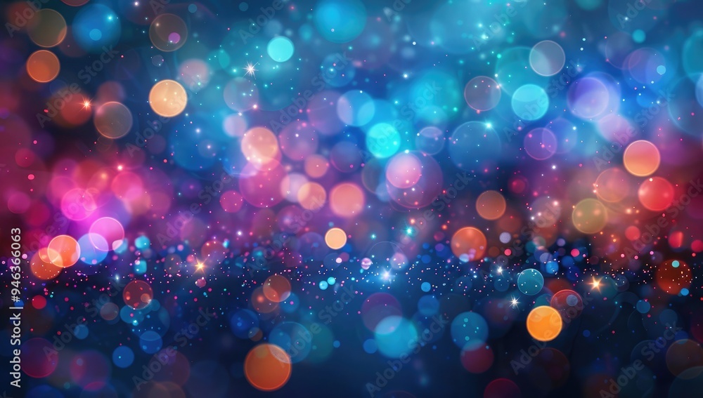 Abstract blurred background with bokeh lights of rainbow colors. Abstract glowing light particles and dots on a dark blue gradient background. Background for celebration, party or other events Abstract blurred background with bokeh lights of rainbow colors. Abstract glowing light particles and dots on a dark blue gradient background. Background for celebration, party or other events