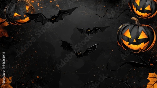 Graphic Halloween design with angular bats and stylized pumpkins, set against a dark, sophisticated background. photo