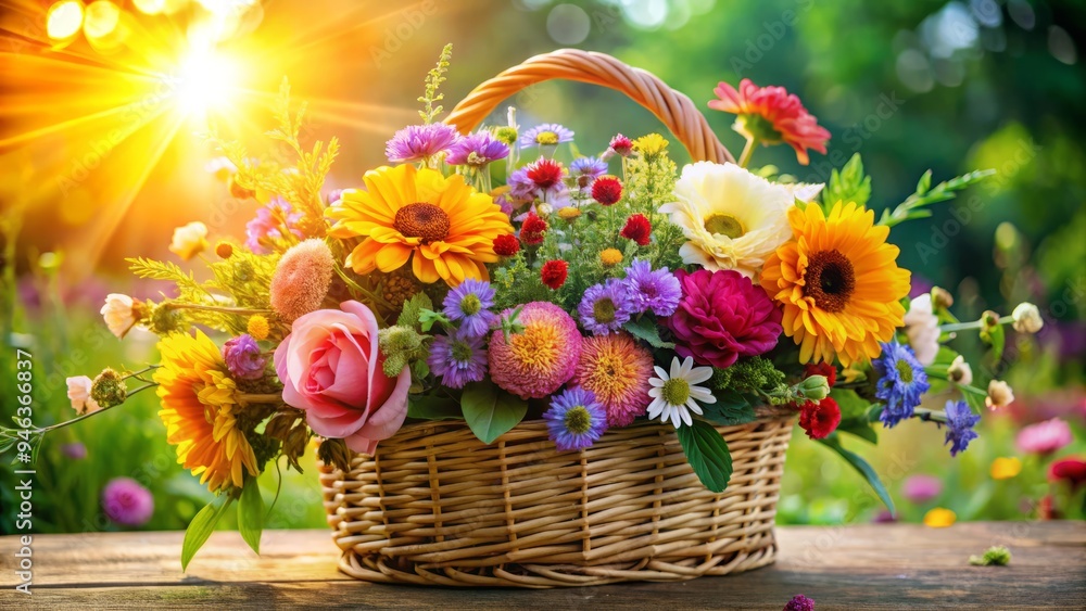 Vibrant bouquet of colorful flowers and lush greenery spills out of a woven basket, radiating happiness, serenity, and warmth against a soft, sunny background. Vibrant bouquet of colorful flowers and lush greenery spills out of a woven basket, radiating happiness, serenity, and warmth against a soft, sunny background.