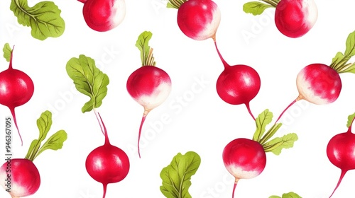 A pattern of radishes with a green leaf