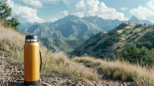 Yellow thermos on a rocky trail surrounded by mountain scenery, perfect for hiking, camping, and outdoor gear marketing photo