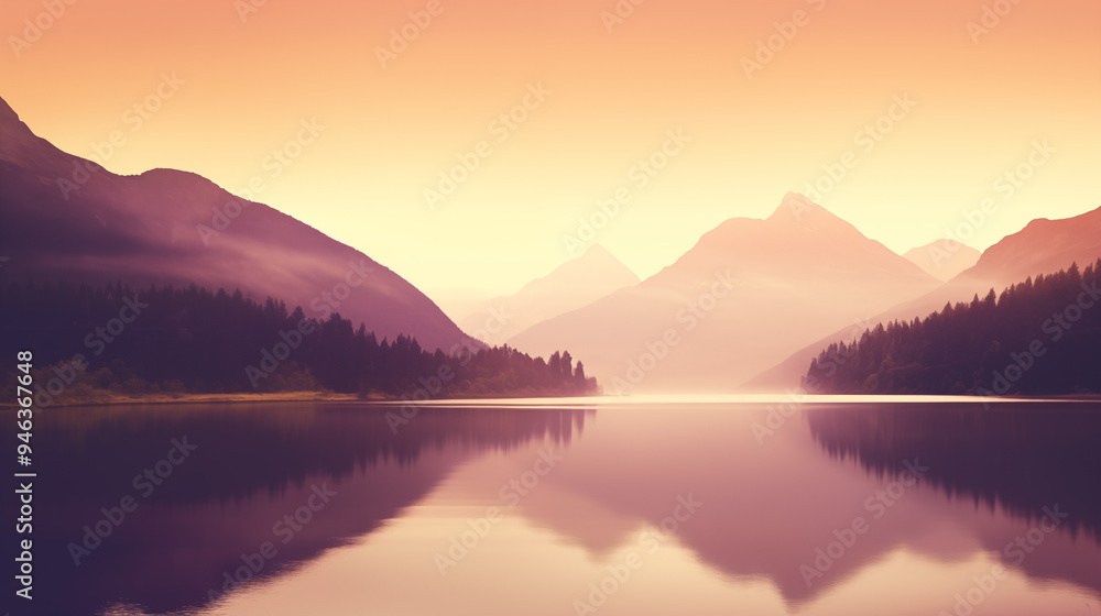 Serene Mountain Lake at Sunrise with Misty Reflections in Tranquil Water Serene Mountain Lake at Sunrise with Misty Reflections in Tranquil Water