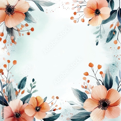 A vibrant floral frame featuring soft peach flowers and delicate greenery, perfect for invitations or greeting cards.