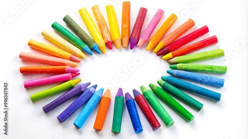 Vibrant colored crayon strokes form a bright circle on a white background, creating a whimsical and playful abstract illustration with a handmade, childlike charm.