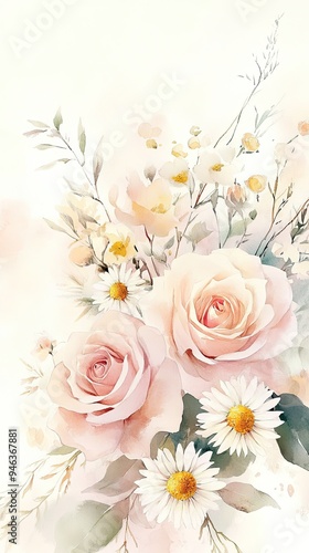 Beautiful pastel watercolor flowers featuring elegant roses and daisies, perfect for adding a romantic touch to any design.
