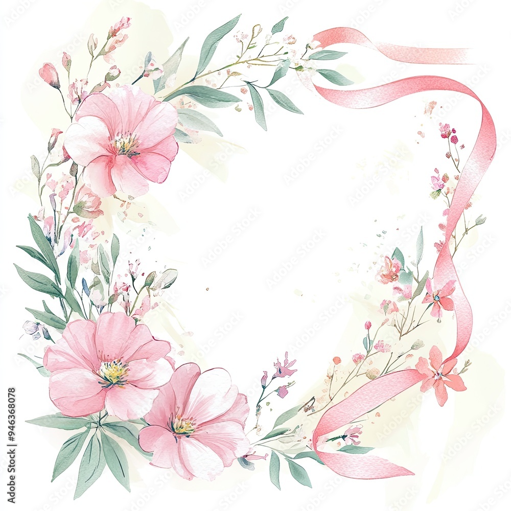 Obraz premium Delicate floral frame featuring pink flowers and green leaves, perfect for invitations or greeting cards.