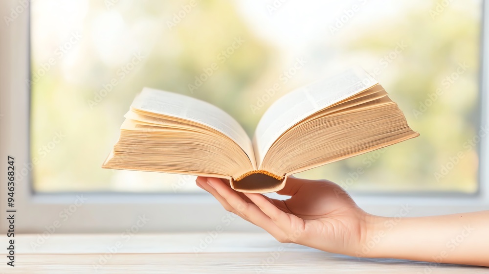 A hand holds an open book by a sunny window, creating a serene reading moment filled with light and inspiration. financial freedom concept.